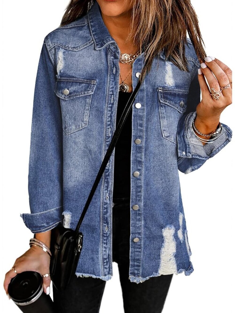 Women's Oversized Denim Jacket Long Sleeve Denim Shirt Jean Jacket C2 Blue